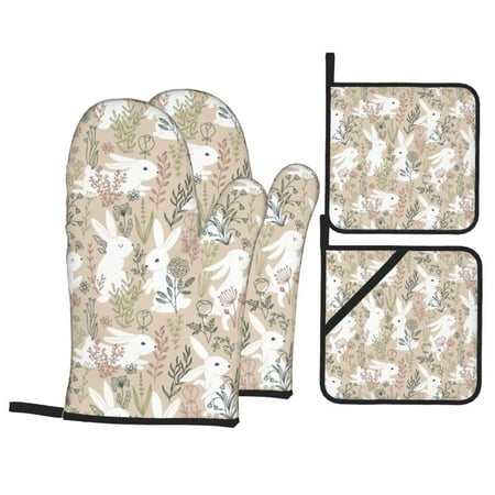 

Oven Mitts and Pot Holders 4 pcs Set Bohemian Flower Cute Rabbit White Heat Resistant Pot Holders Oven Mitts for kitchen Non-Slip Hanging Loop Oven Glove Potholders for Baking Cooking