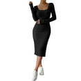 thumbnail image 2 of Women'S Autumn Dress 2 Long Sleeve Square Neck Knit Midi Beach Resort Dress Slit Slim Maxi Dress Black XL, 2 of 7