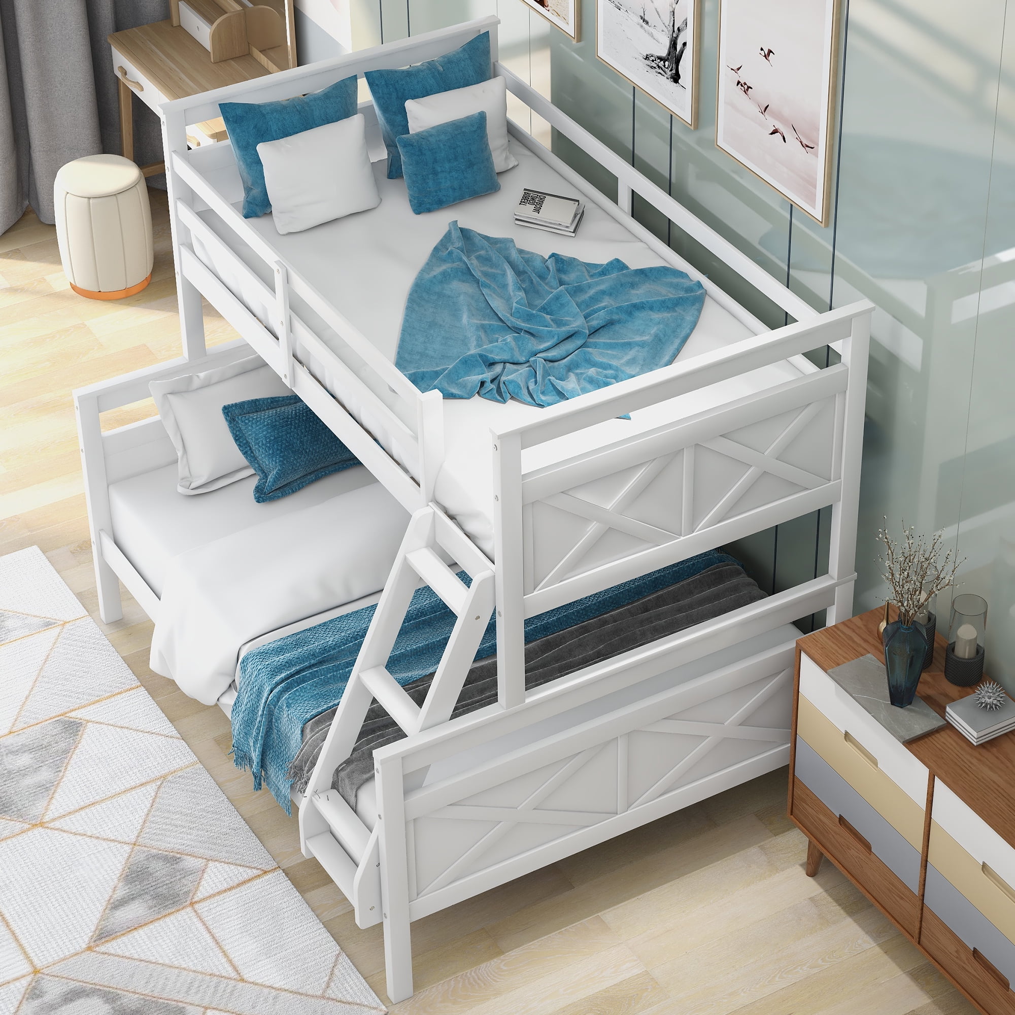 Euroco Modern Solid Wood Twin over Full Kids Bunk Bed Frame with Ladder, White