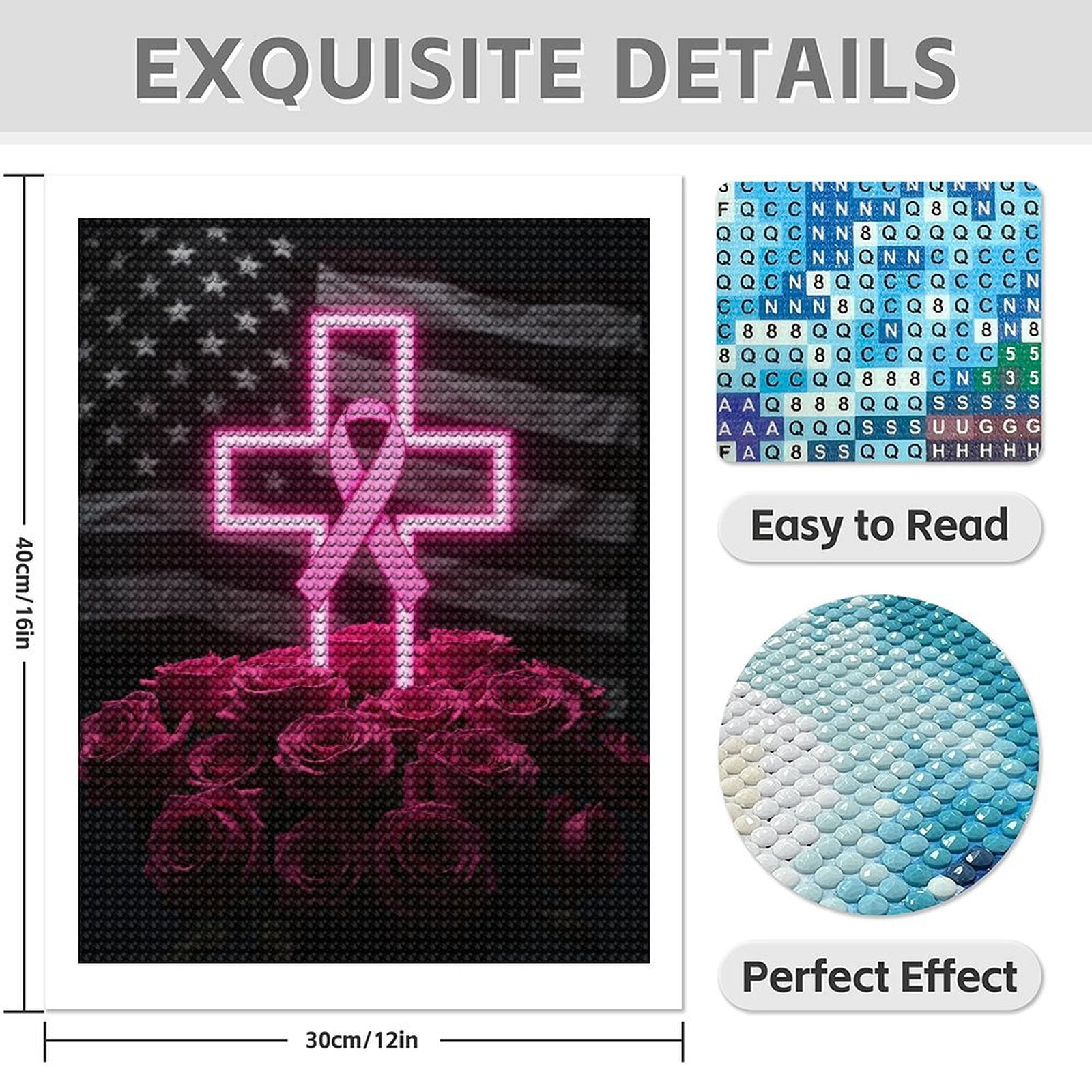 Diamond Art Kits for Adults - 5d Flag Cross Roses Pink Ribbon Diamond Painting for Adults, Diamond Art for Adults Beginners, Diamond Painting Kits for Adults for Home Wall Decor