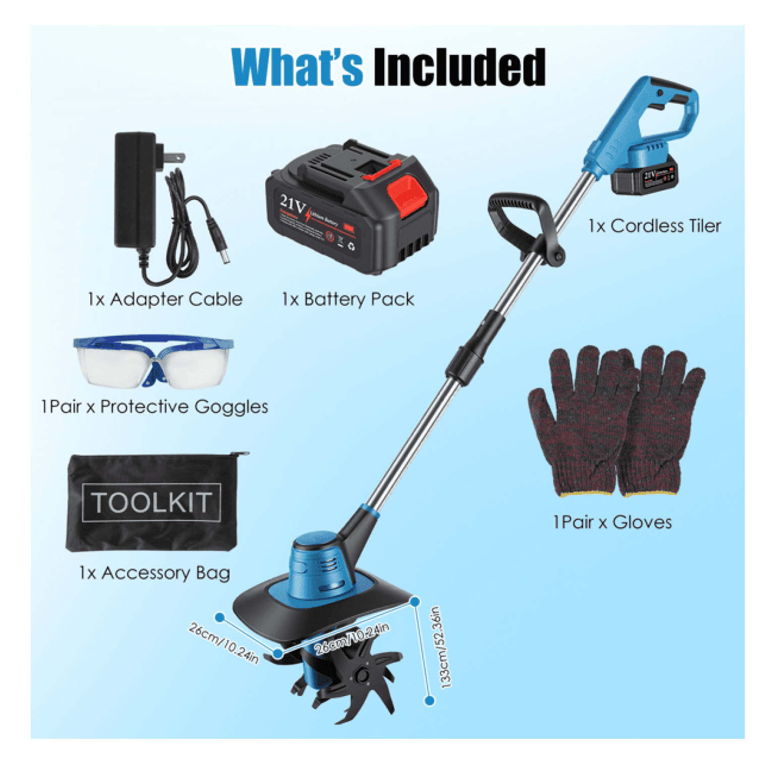 Cordless Tiller Cultivator 800W Electric Soil Tiller, 21V Battery Powered Garden Cultivator with 6.69" Depth & 8.66" Width for Yard Planting, Weed Removal