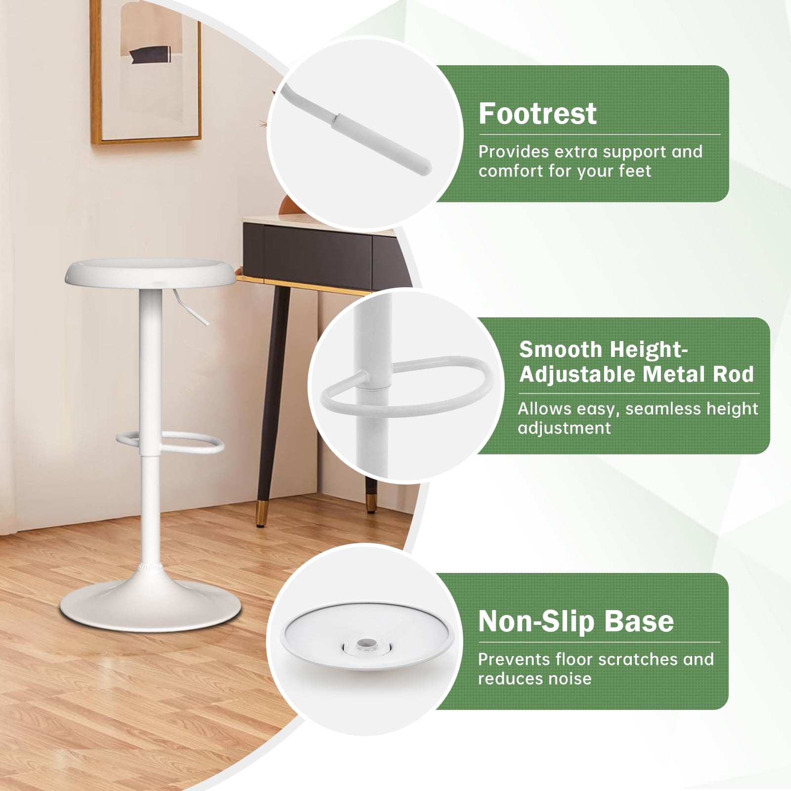 Metal Bar Stools, Counter Height Adjustable Barstools, Backless 360° Swivel Kitchen Stools for Island, Dining, Bistro, Pub (White)
