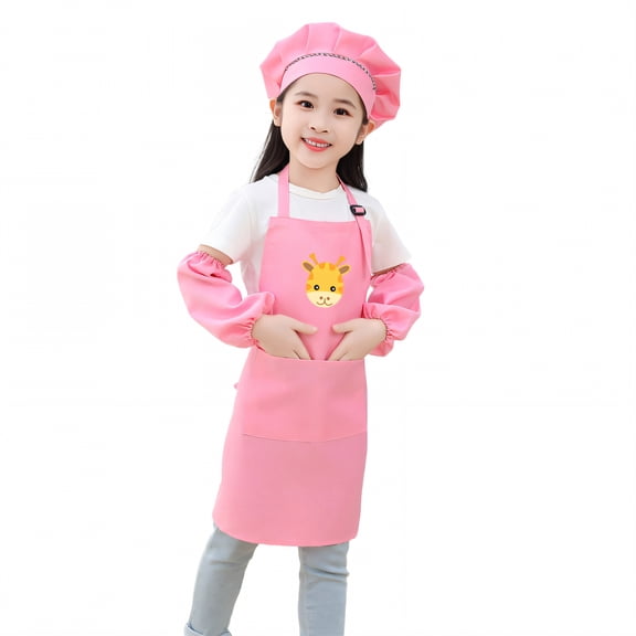 AUQ Kids Chef Hat and Apron,Polyester Material Waterproof Apron,Slim-Fit Silhouette Kids Aprons for Cooking,Pink1