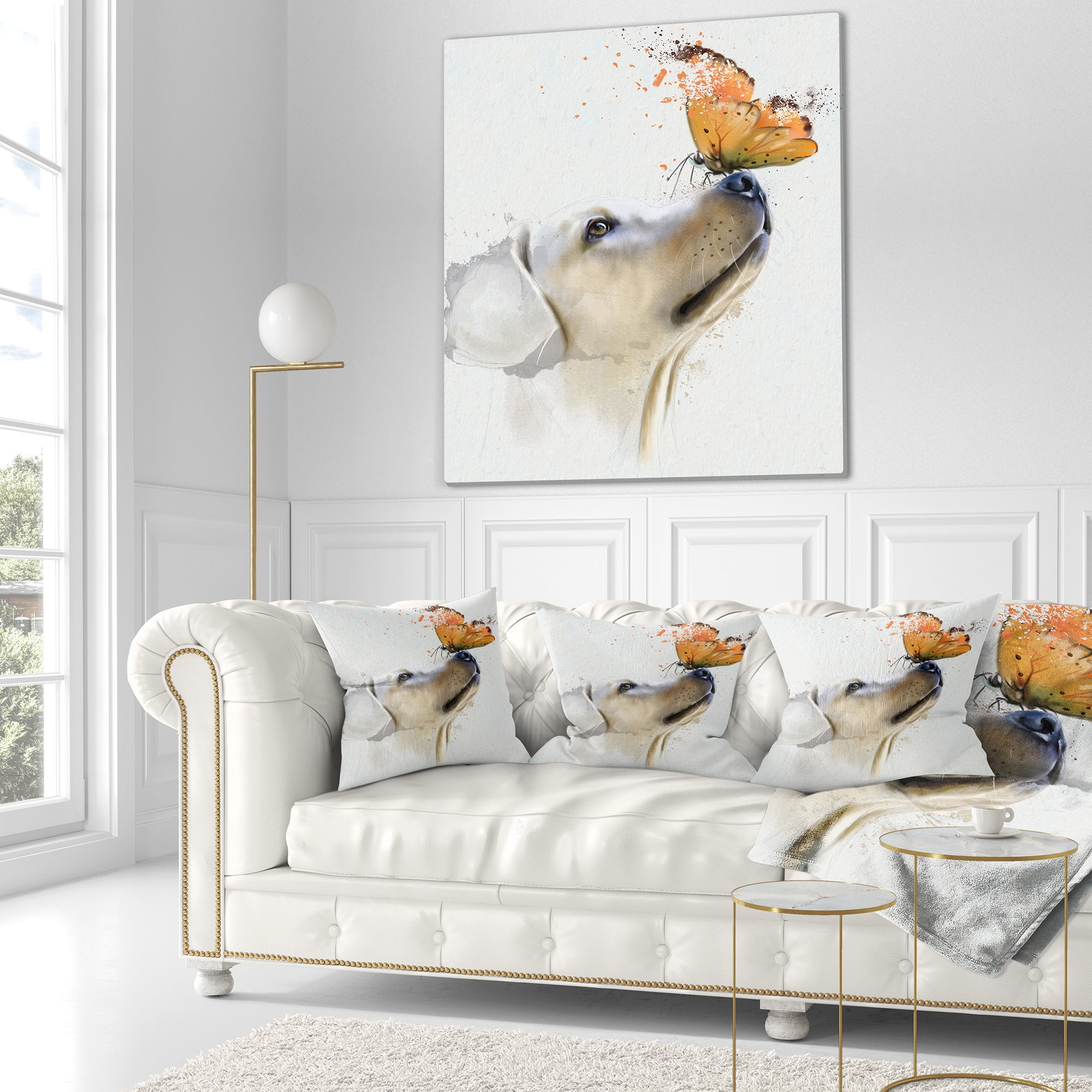 Designart Golden Retriever Dog with Butterfly - Animal Throw Pillow - 16x16