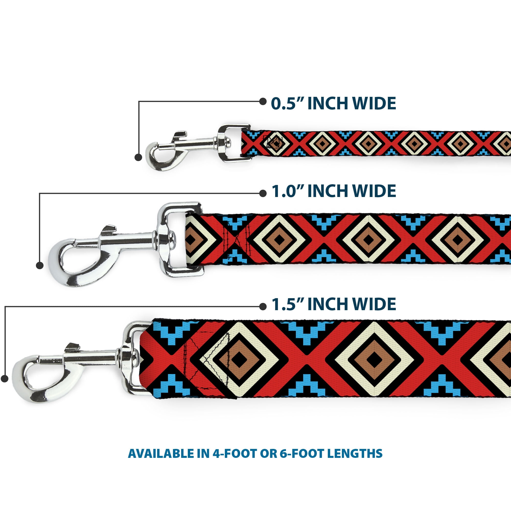 Buckle-Down Pet Leash, Dog Leash, Geometric Black Red Tan Brown Baby Blue, 6 Feet Long 1.0 Inch Wide