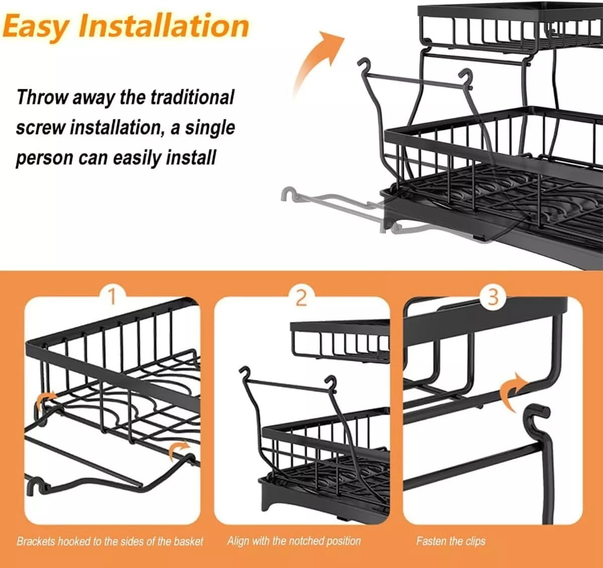 2-Tier Kitchen Dish Drying Rack with Drain Board, Carbon Steel Utensil Holder, Space-Saving Design for Plates, Cups & Cutlery