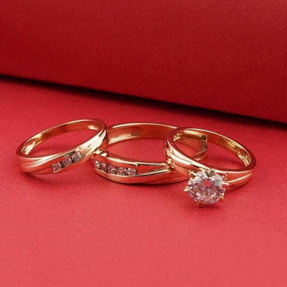 Hitanshu Jewels Elegant Round CZ Couple Ring Set Anniversary Gift Trio Wedding Bands in Yellow Gold Finish
