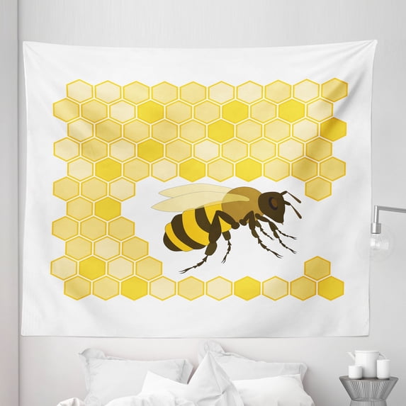 Honey Bee Tapestry, Single Bug Silhouette with Monochrome Hexagons, Fabric Wall Hanging Decor for Bedroom Living Room Dorm, 5 Sizes, Mustard Yellow, by Ambesonne