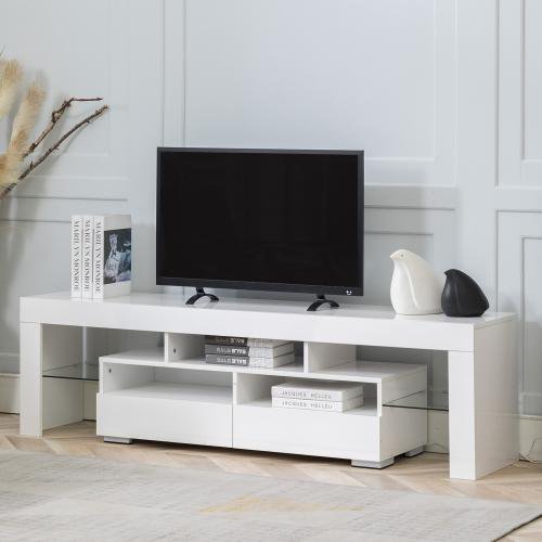 Home Glossy LED TV Stand, White TV Stand with RGB LED Lights, Wood