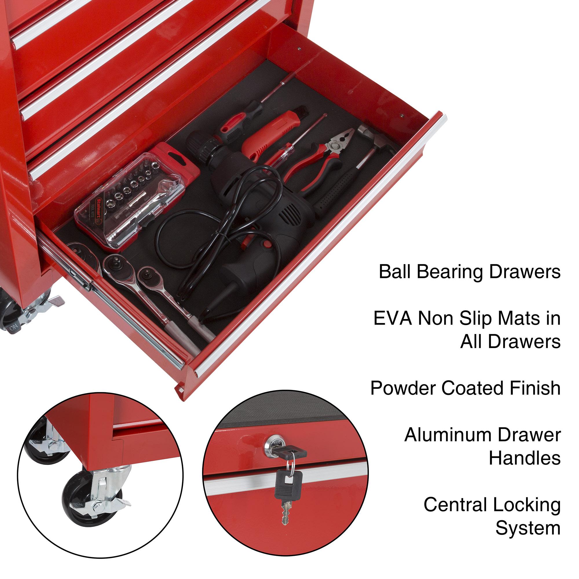 Rolling Tool Box Cabinet, 5 Drawer Portable Storage Chest Tools Organizer With Wheels, Ball Bearing Locking and Sliding Drawers By Stalwart (Red) - image 3 of 4