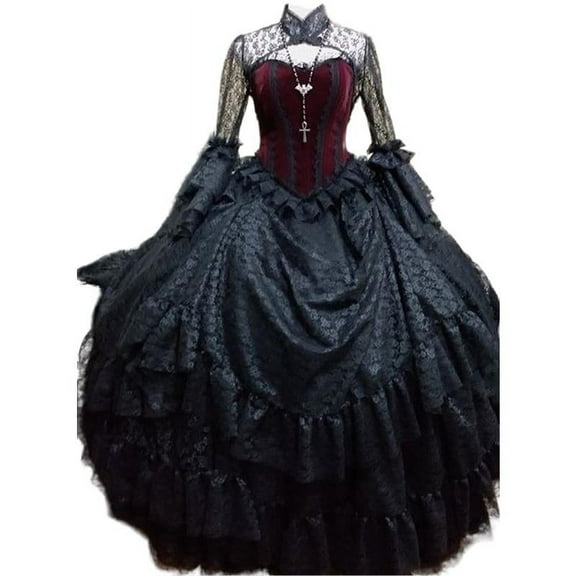 Victorian Gothic Black & Red Steampunk Vampire Wedding Dress Lace Bridal Ball Gown Long Sleeve Floor Length Gothic Elegance