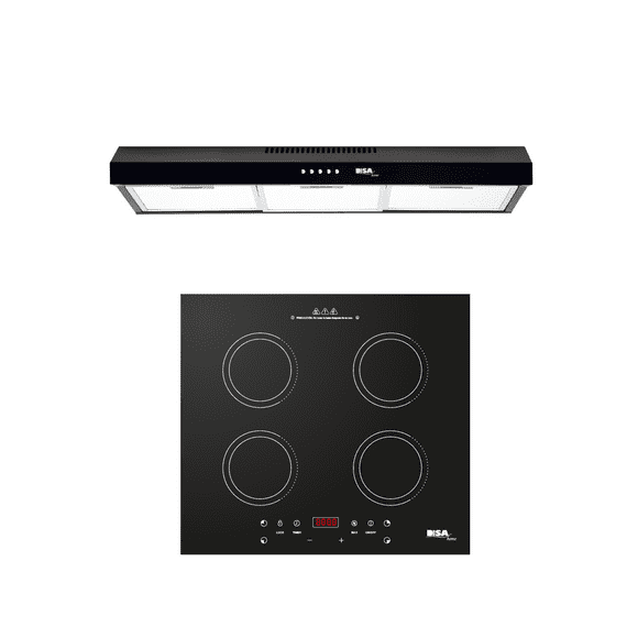 Combo DISA HOME Parrilla Inducción 4 Quemadores Negro y Campana Extractora de Pared Negro Mate 80 cm