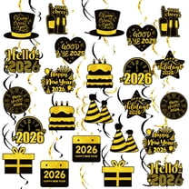57Pcs Happy New Year 2026 Hanging Swirl Decorations - Black & Gold NYE Foil Swirls, Clock/Cake/Hat Theme Ceiling Streamers for 2026 New Year Eve Party Supplies