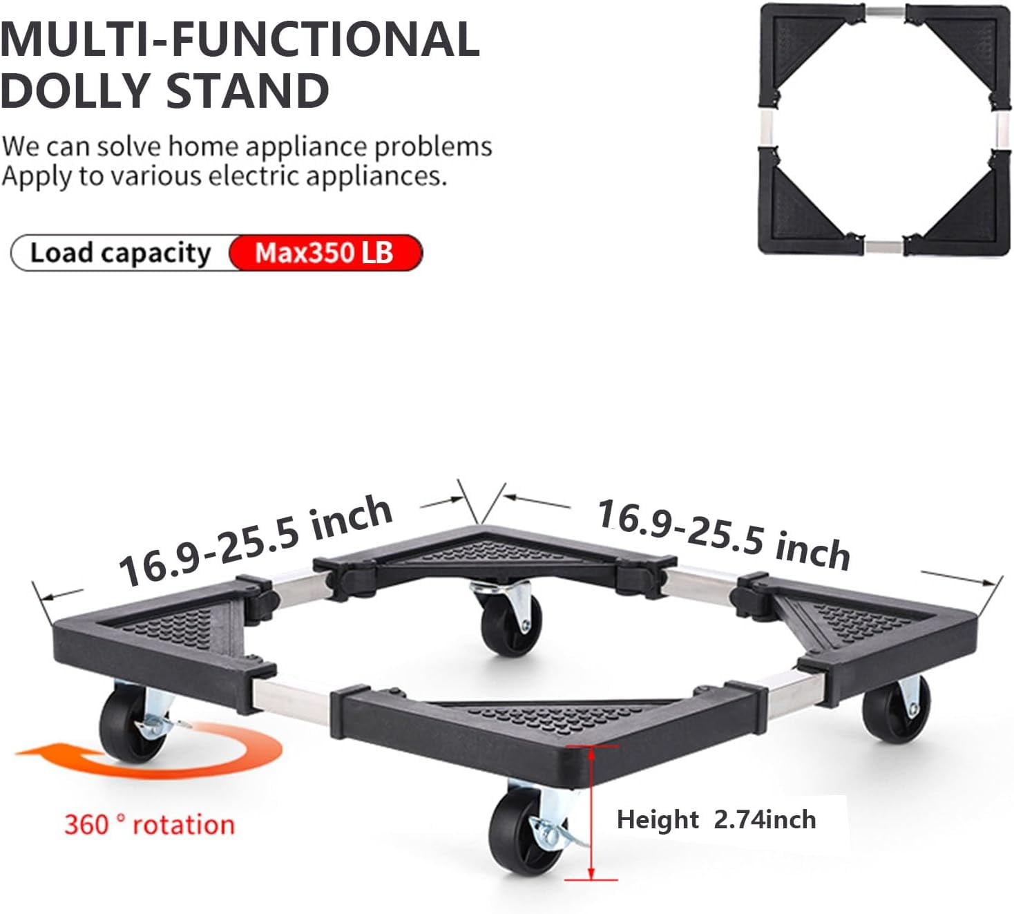 Mini Fridge Stand with 4 Locking Wheels 16.9"-25.6" Adjustable Dolly Base for Furniture Portable Refrigerator Stand（Black）