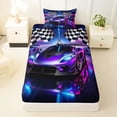 thumbnail image 3 of Castle Fairy Neon Race Car Trio Twin Sheet Sets 3pcs for Kids, Checkered Flag Glow Bedding for Bedroom, Purple Pink, 3 of 6