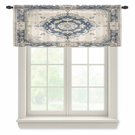 Navy Blue Boho Valance Curtains for Kitchen/Living Room/Bathroom/Bedroom Window, Rod Pocket Small Topper Half Short Window Curtains Voile Sheer Scarf, Retro Southwestern Ethnic Geometric 42"x12"