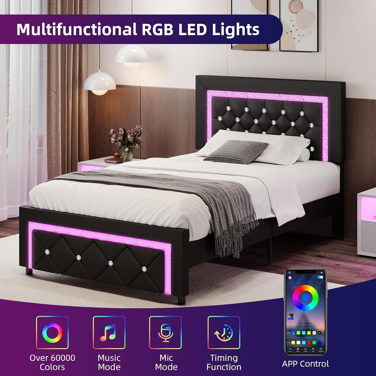 4 EVER WINNER Twin Size LED Bed Frame with Headboard，Upholstered Platform Bed Frame with LED Lights，Diamond Tufted Headboard and Footboard，Black