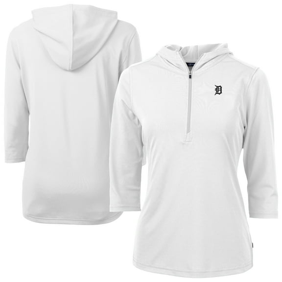 Women's Cutter & Buck White Detroit Tigers Virtue Eco Pique Half-Zip 3/4 Sleeve Pullover Hoodie