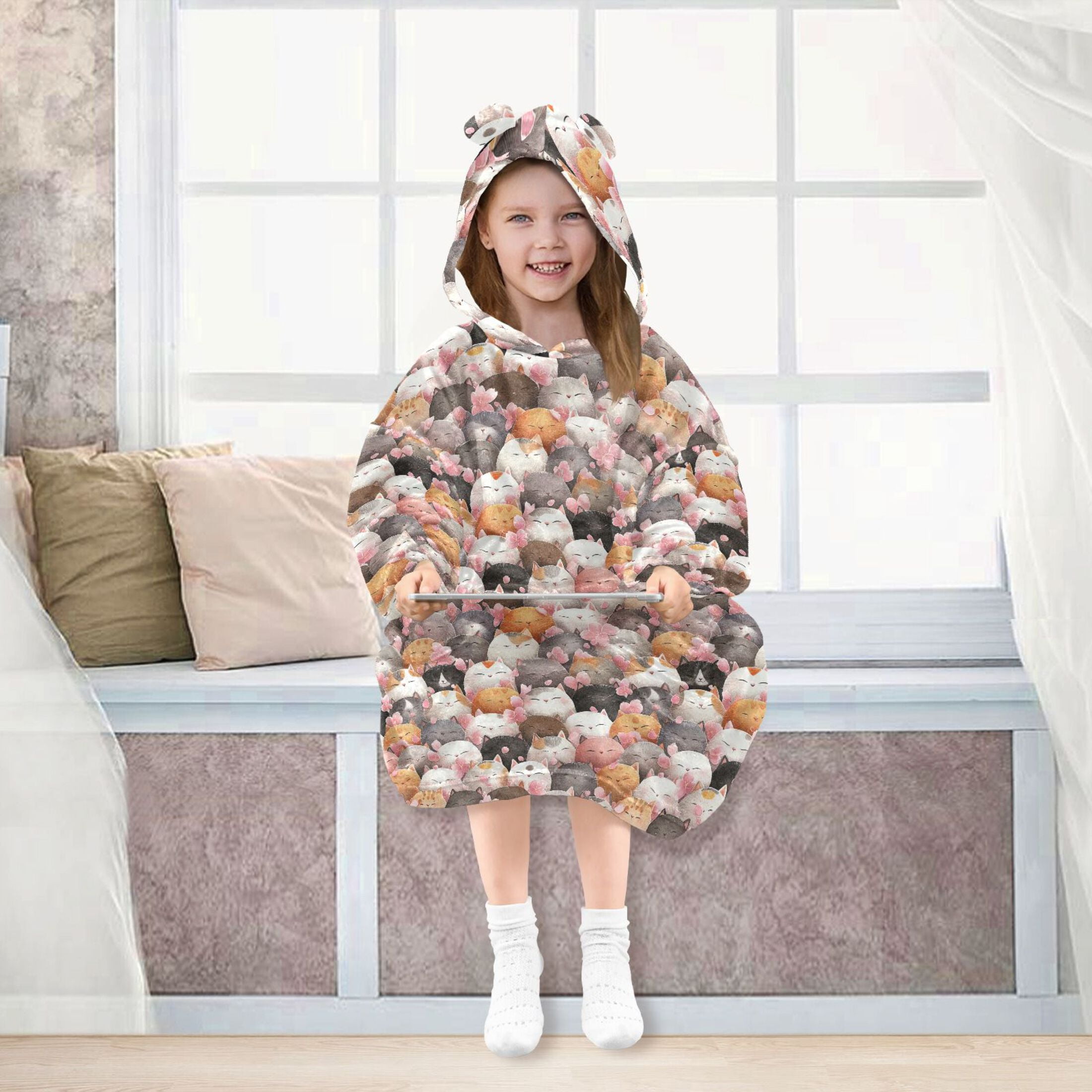 Wearable Blanket Hoodie for Kids Cute and Funny Cat Flannel Hooded Blanket with Pockets and Sleeves Suitable for Boys and Girls