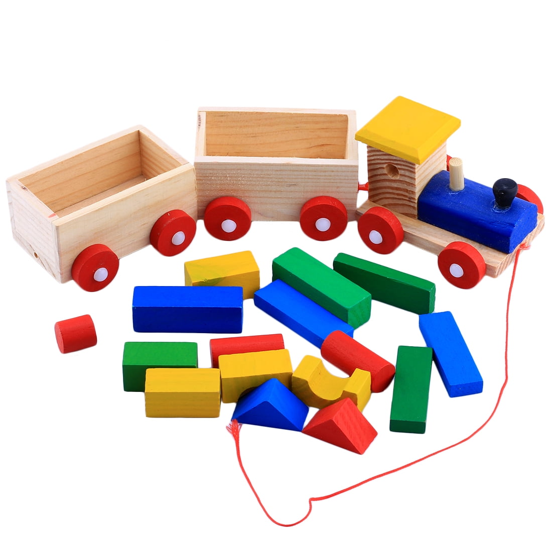 Pull Along Train with Building Blocks Children Three Section Wooden