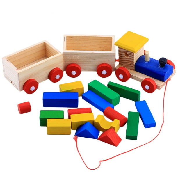Pull Along Train with Building Blocks Children Three Section Wooden Train Toys