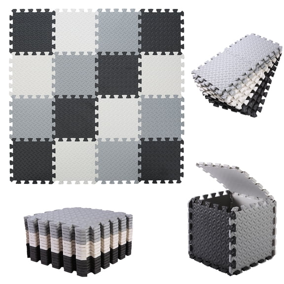 Boshama Baby Play Mat | Black White Gray Soft Toddler Playmat | 16Pcs Squares Foam Floor Mats for Kids & Babies | EVA Foam Interlocking Tiles for Gym, Nursery, Playroom