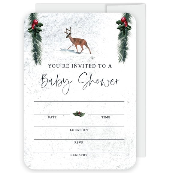 Koyal Wholesale Winter Snowy Woodland Forest Watercolor Baby Shower Paper Invitations, Blank Cards with Envelopes, 20-Pack