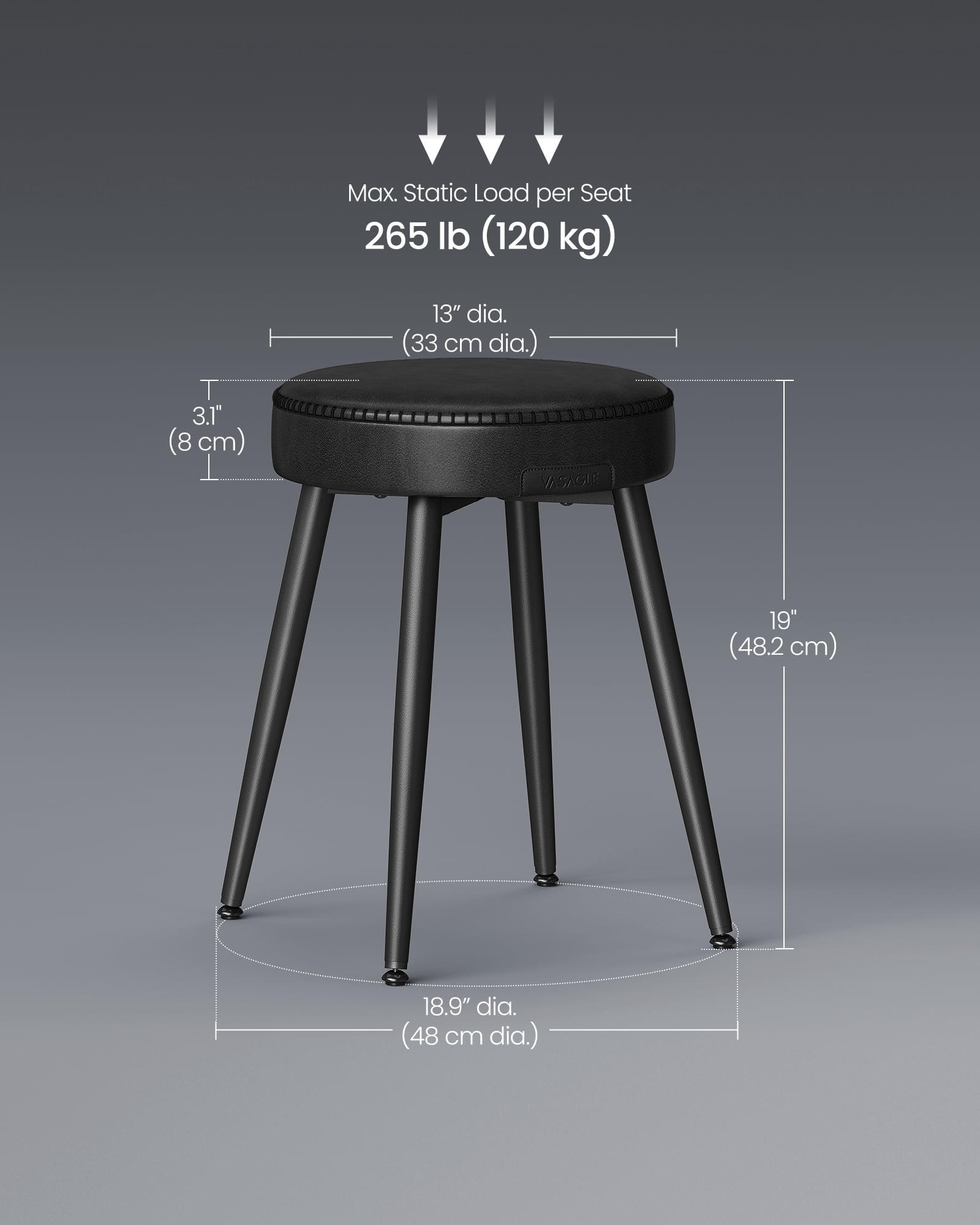 VASAGLE EKHO Collection - Dining Chairs Stools Set of 2, Upholstered Kitchen Stools, Vanity Stools, Synthetic Leather with Stitching, Ink Black