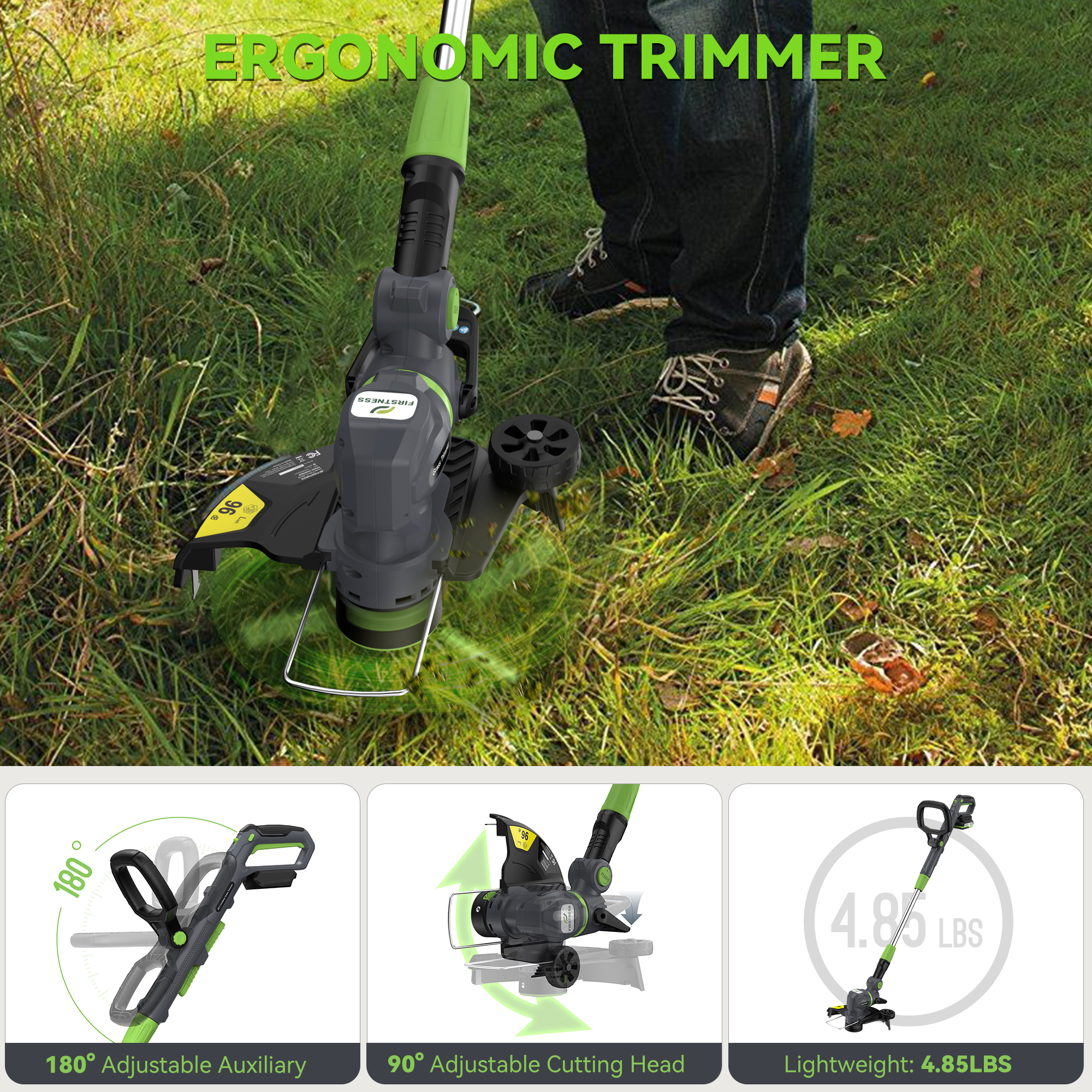 Firstness String Trimmer Cordless, 20V Electric Weed Wacker with 2 Batteries & Charger, Powerful 8500 RPM, Grass Trimmer & Edger for Lawn Care, Yard, Garden, 3-in-1 Cutting Head, Lightweight 4.85lbs