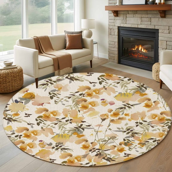 Round Rugs 5Ft, Vintage Orange Flower Round Area Rug Washable Indoor Throw Carpet, Farmhouse Botanical Floral Retro Soft Non Slip Circle Rug for Cabinet Bathroom Home Decor Aesthetic