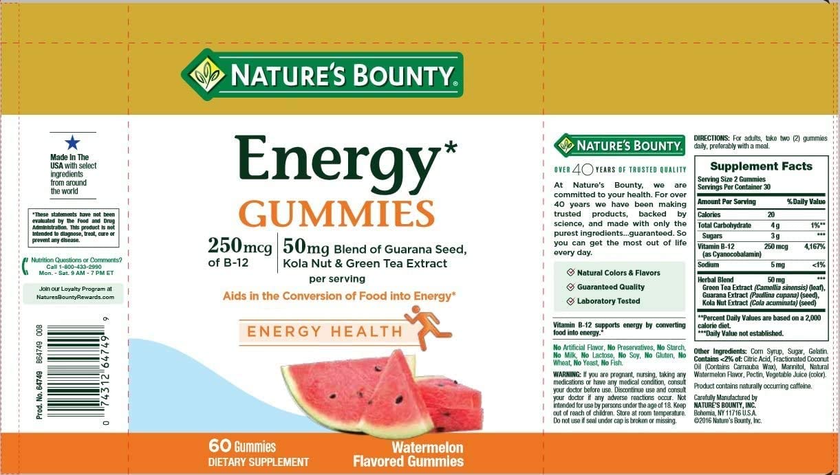 Nature's Bounty® Energy Complex Gummies, 245 mcg, Watermelon Flavor Gummies, 60 Ct - image 2 of 2