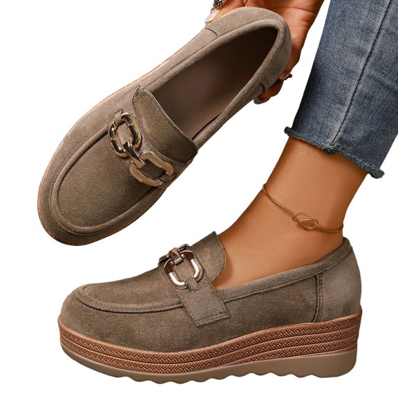 EKVAHL Women's Wedge Platform Loafers Slip On Walking Shoes Metal Chain Decor Round Toe Faux Faux Suede Casual Shoes Brown
