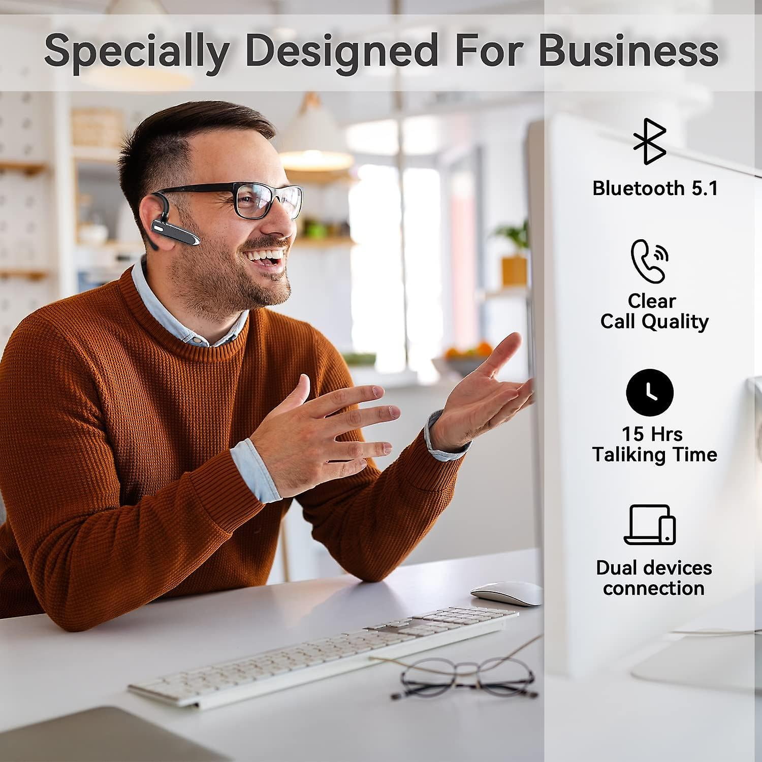 Bluetooth Single Wireless Headset Handsfree Earpiece For Phone, V5.2 In-ear Headphone With Microphone,usb-c Charge, Waterproof Earphones For Driving/b
