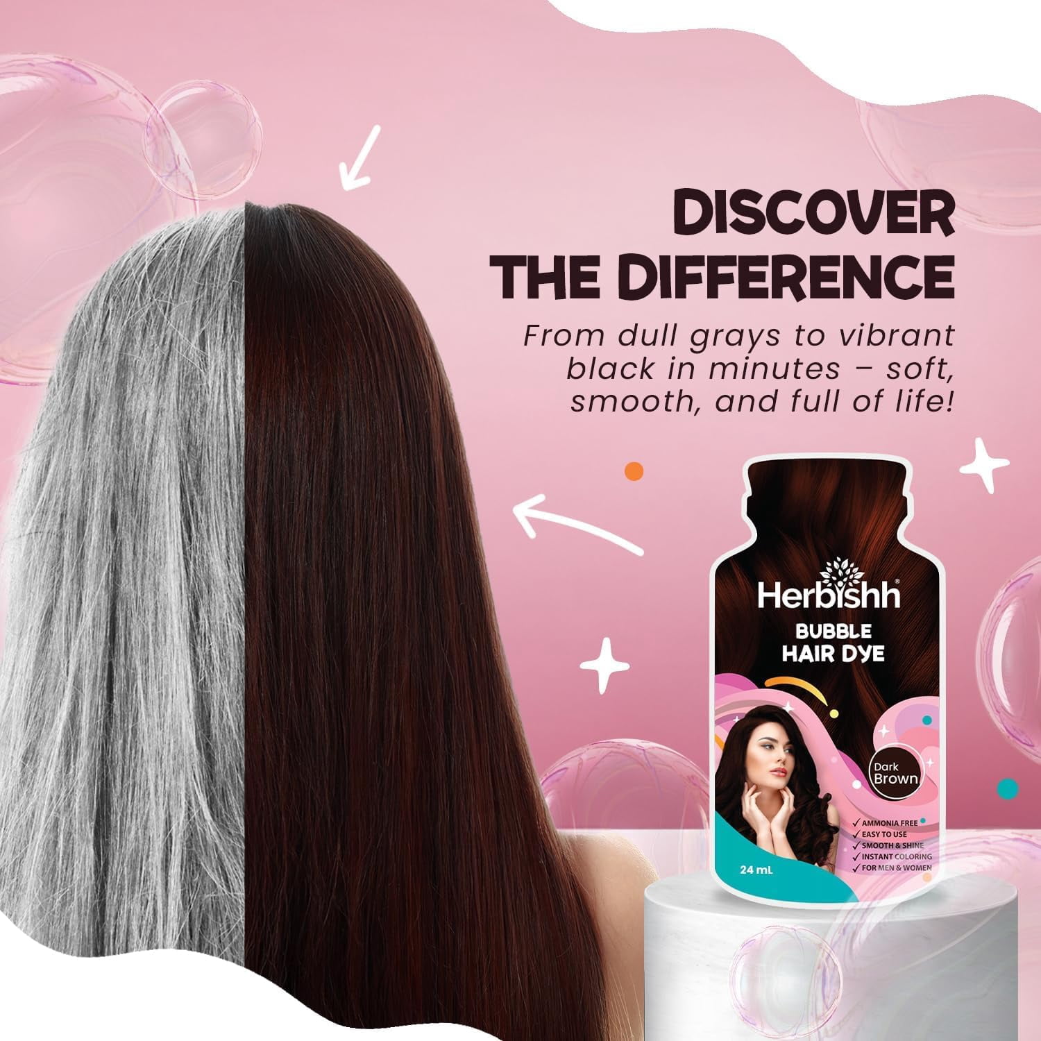 (3 pack) Herbishh Combo: Bubble Hair Dye Shampoo - Dark Brown & Argan Oil Hair Mask, 150ml | 3-in-1 Permanent Hair Color, 100% Gray Coverage, Ammonia-Free, Travel-Friendly