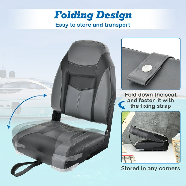 Topbuy 2pcs High Back Boat Seat, Folding Fishing Seat w/ Soft Padded Cushion  &Flexible Hinges Fold-down Captain Boat Seat Black 