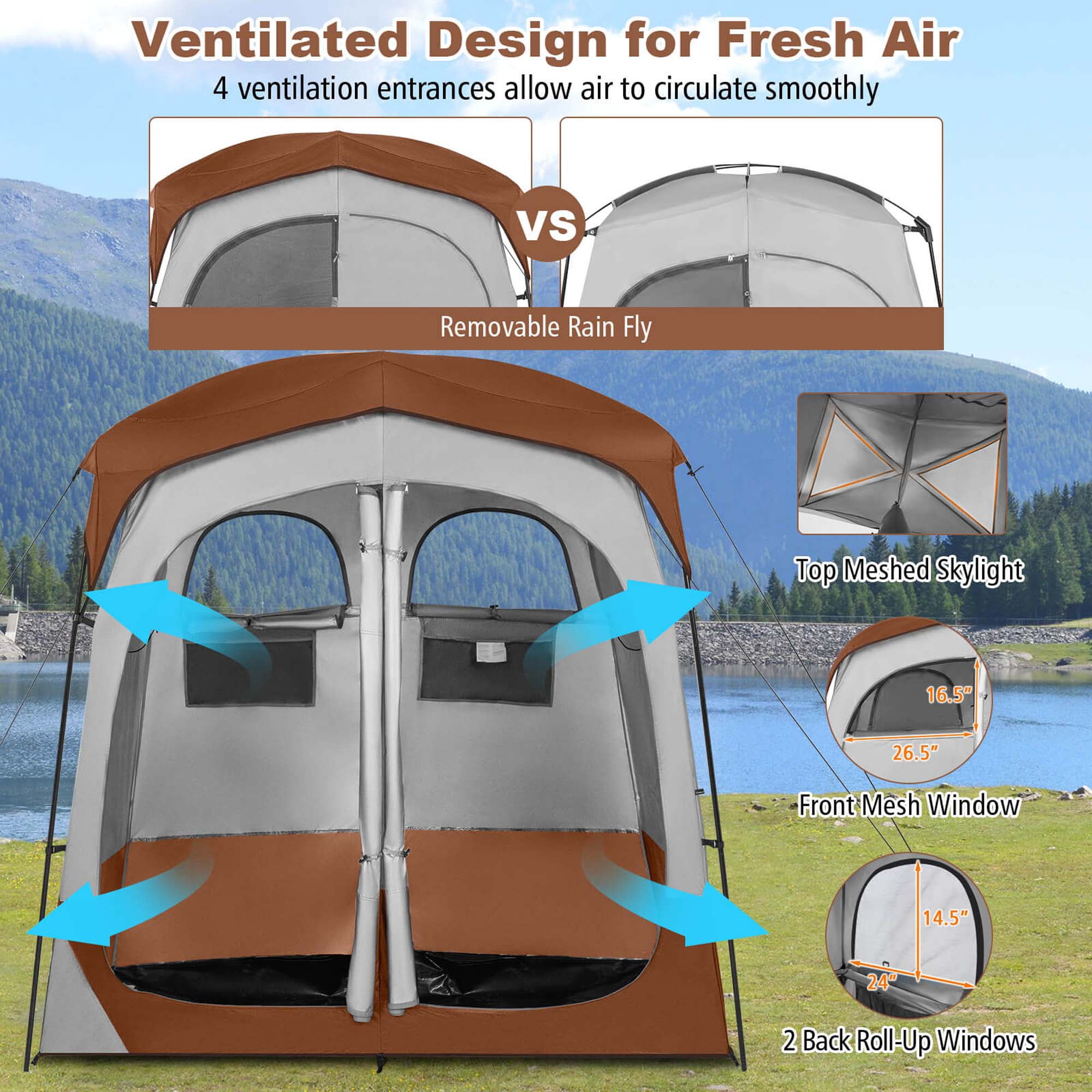 Goplus 2 Room Shower Tent Oversize Privacy Shelter Portable Dressing Toilet Outdoor Brown