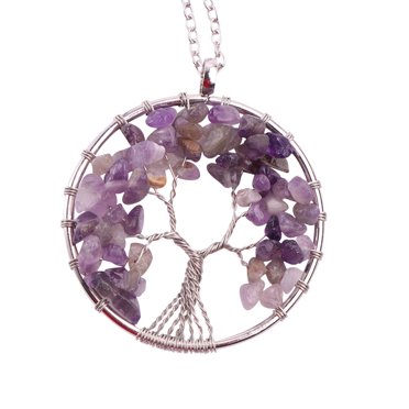 Natural Gravel Crystal Tree Pattern Necklace Natural Stone Fortune Tree Creative Pendant Jewelry for Women Girls (Purple