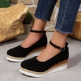 thumbnail image 3 of Rokment Women's Platform Wedge Dress Shoes Beach Vacation Stylish Casual Suede Ankle Strap Espadrilles Chunky Heeled Closed Toe Dressy Sandals Black Size 6.5, 3 of 5