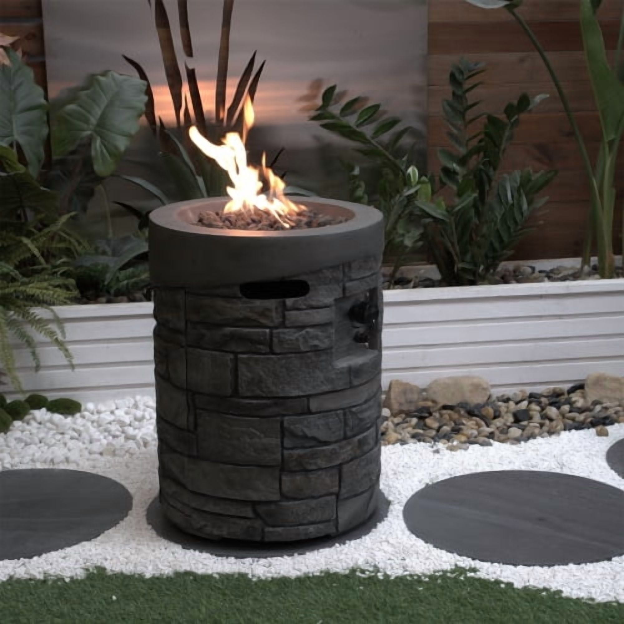 19.7" Gas Fire Pit with Magnesium Oxide Cultured Stone Finish,Contain Rainproof Cover and Lava Rocks, 32000 BTU / Gray