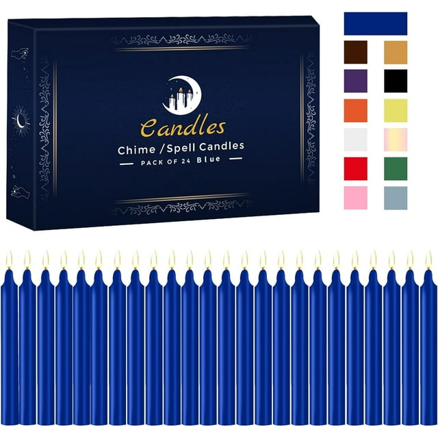 24 Pack Blue Spell Chime Candles \u2013 Premium Mini Unscented Taper Candles for Rituals, Prayer, Birthdays, Meditation, Altar, Spells, Chime Candles - 4 Inch Tall - Ideal for Witches