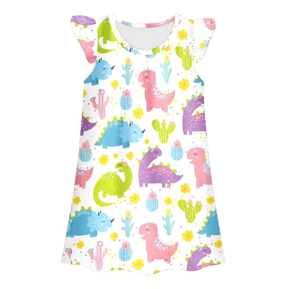 Bysome Toddler Girls Dress Dinosaur Print Short Sleeve Crew Neck Summer Breathable Girls Dresses Size 3-4 Years White