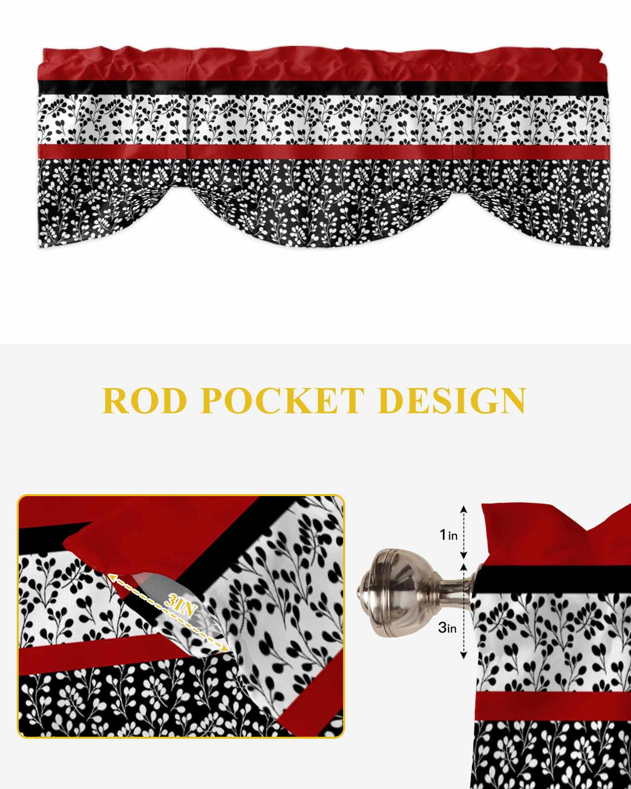Abstract Red Tie Up Valances Curtain, Adjustable Kitchen Black Stripes Floral Plant Modern Vintage Valances for Windows Decor, Rod Pocket Short Curtains Set for Bedroom/Bathroom, 54"x18"