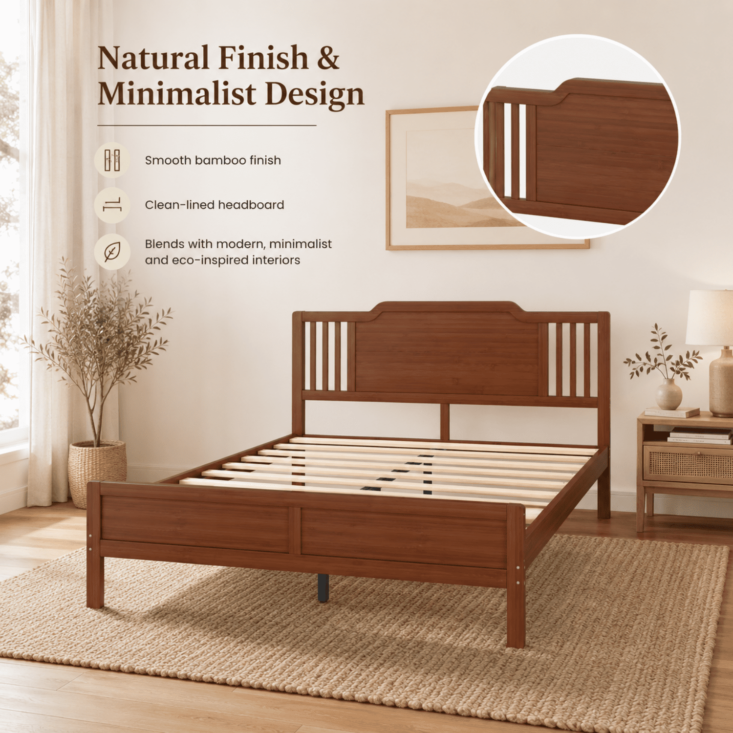 Miniyam Queen Size Solid Bamboo Platform Bed Frame with Headboard, Brown