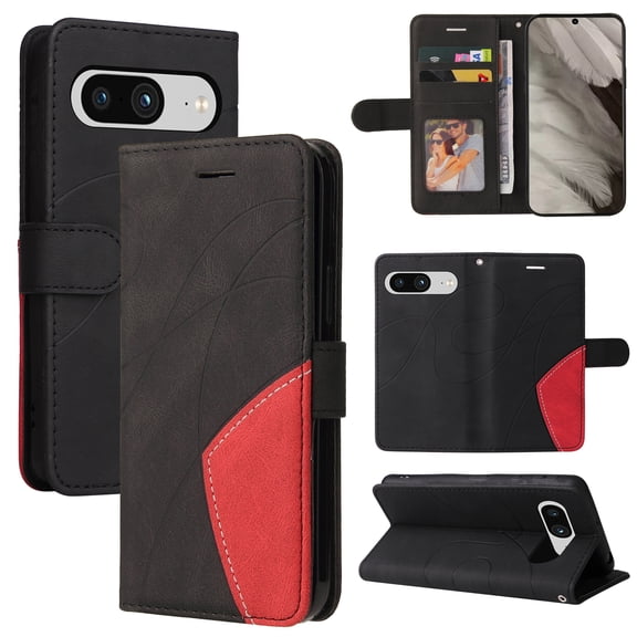 for Google Pixel 8 PU Leather Wallet Case, Flip Folio Case Book Folding Case with Magnetic Kickstand Card Holders Slots Protective with Lanyard Cover for Google Pixel 8 - Black