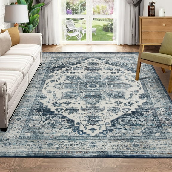 RONSHIN Area Rugs Washable Carpets 5'*7' Machine Washable Rug Vintage Persian Area Rugs Carpet Distressed Rug Anti-Slip Low Pile Rug for Living Room Bedroom,Blue Blue tint 5*7ft