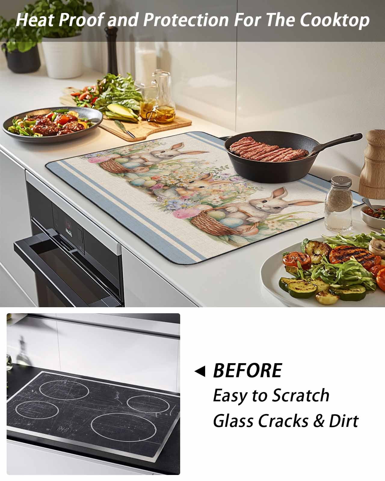 Stove Top Covers for Electric Stove, Easter Bunny Blue, Glass Stovetop Cover Protector, Rustic Daisy Flower Easter Basket Egg Induction Cooktop Protector Oven Mat for Kitchen Countertop 24"x21"