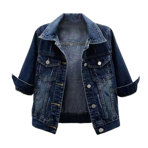 Women 3/4 Sleeve Denim Jackets Lapel Button Down Retro Cropped Trucker Jean Jackets with Pockets Casual Fall Fashion Outerwear Coat