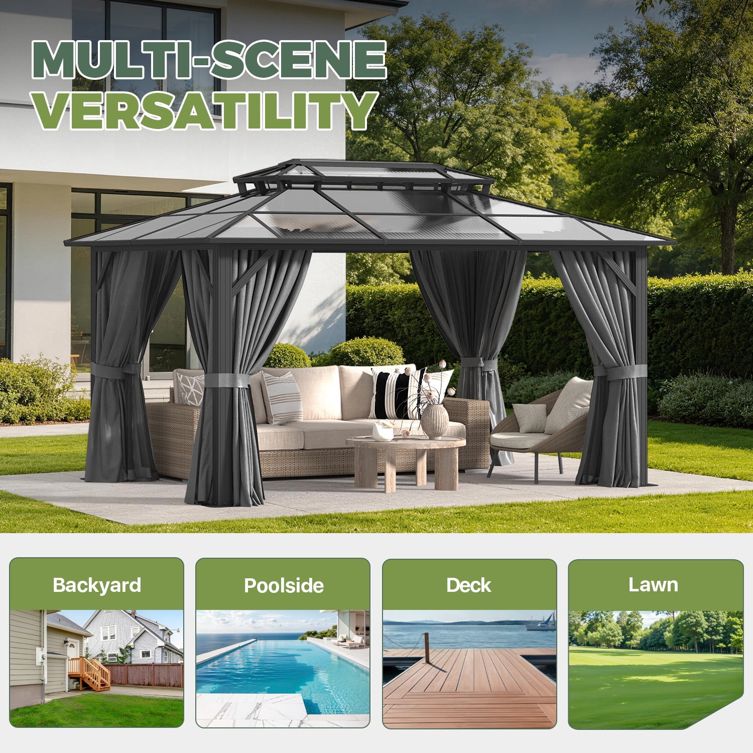 BaPiPro 14x10 FT Outdoor Gazebo, Double Roof Polycarbonate Hardtop, Iron Frame, Black & Gray, UV Protected, Weather Resistant, for Patio Backyard Deck Lawn