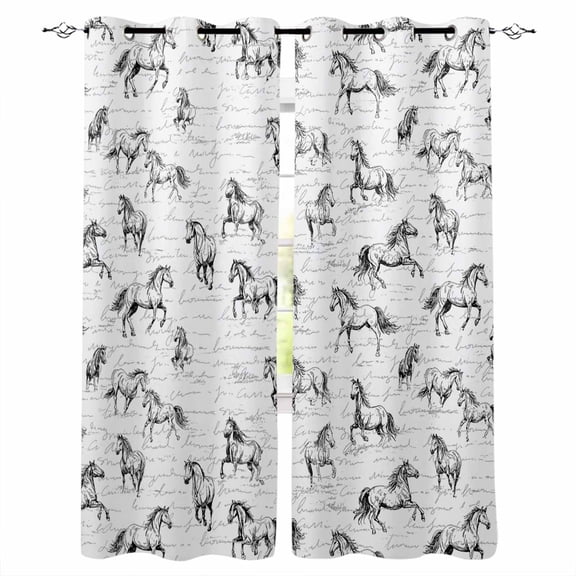 Black Horse Blackout Curtains for Bedroom/Living Room, Thermal Insulated Kitchen Curtains, Watercolor Vintage Animals Grommet Darkening Window Treatment Drapes 52"x72"x2