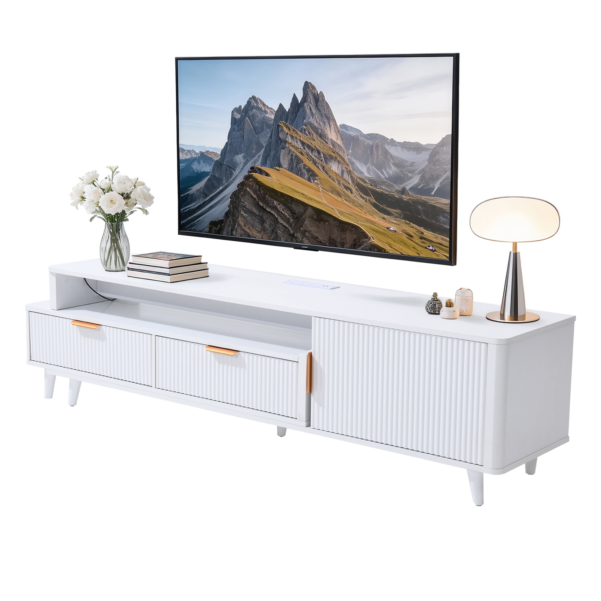 Uforic Extendable TV Stand for 100 Inch TV, Modern Fluted Entertainment Center with LED Light & Power Outlet, Freestanding Media Console with 1 Drawer & 2 Storage Cabinets, White